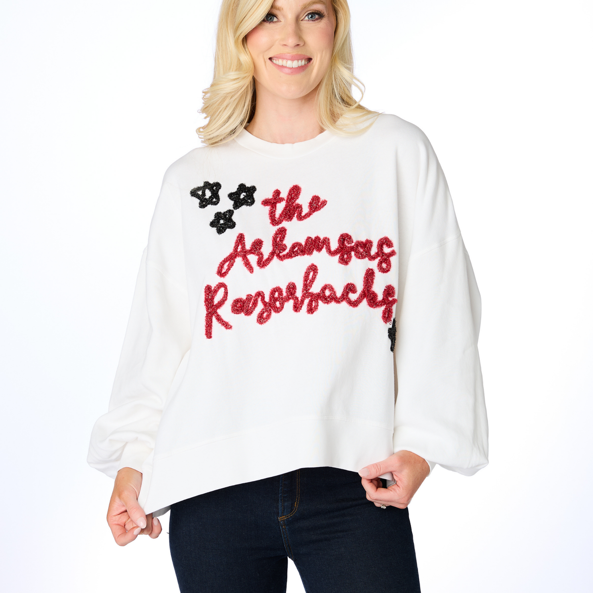 The Arkansas Razorbacks Glitter Script Balloon Pullover – Stewart
