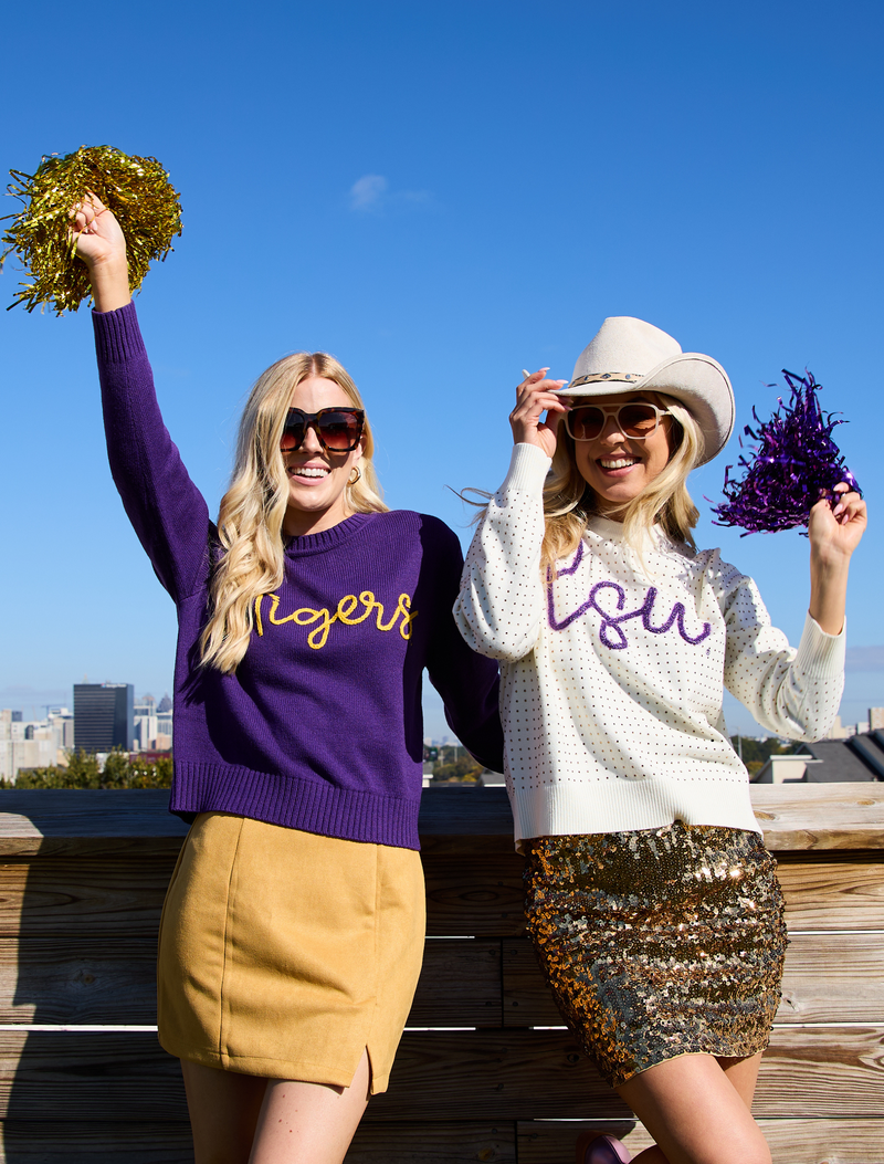 The LSU Rhinestone + Glitter Script Sweater