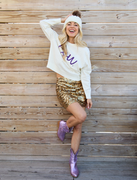 The LSU Rhinestone + Glitter Script Sweater